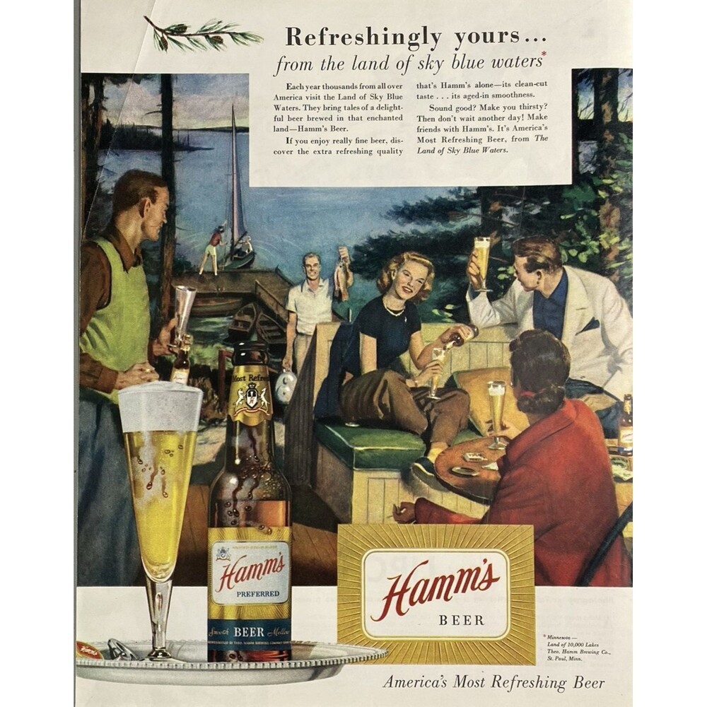 Hamm's Beer "Refreshingly Yours-from the land of sky-blue water" Print Ad 1951